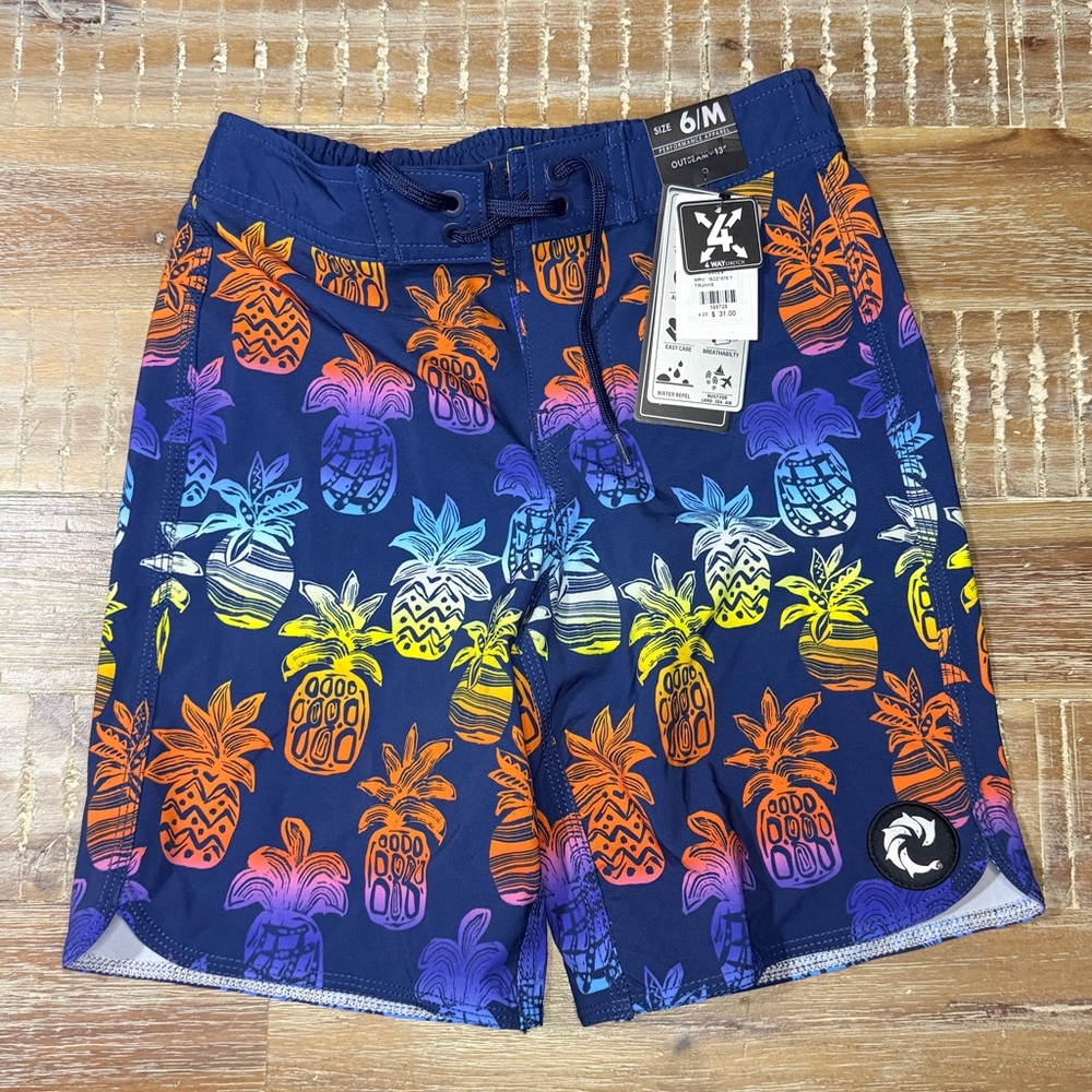 NWT Performance Apparel Colorful Pineapple Print Boys Swim Trunk Shorts size 6